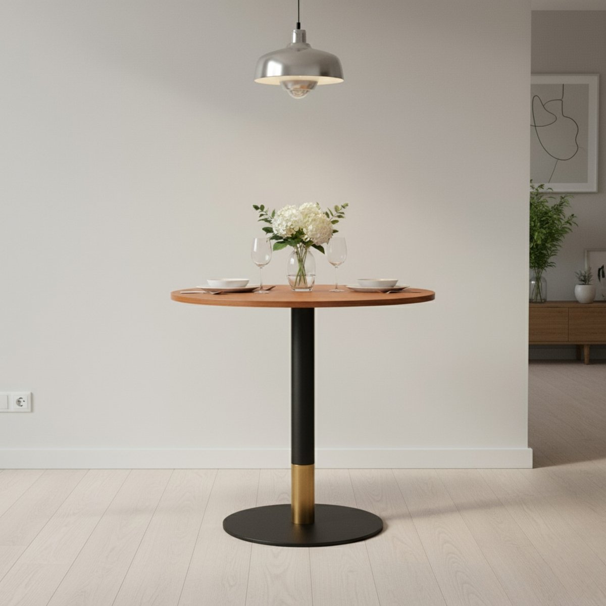 Vail Collection Dining Table Black/Gold Round Base With 27"/36" Round Sintered Stone and MDF Wood Top Wood 27 Inches Cognac Brown Dining Table Leisuremod