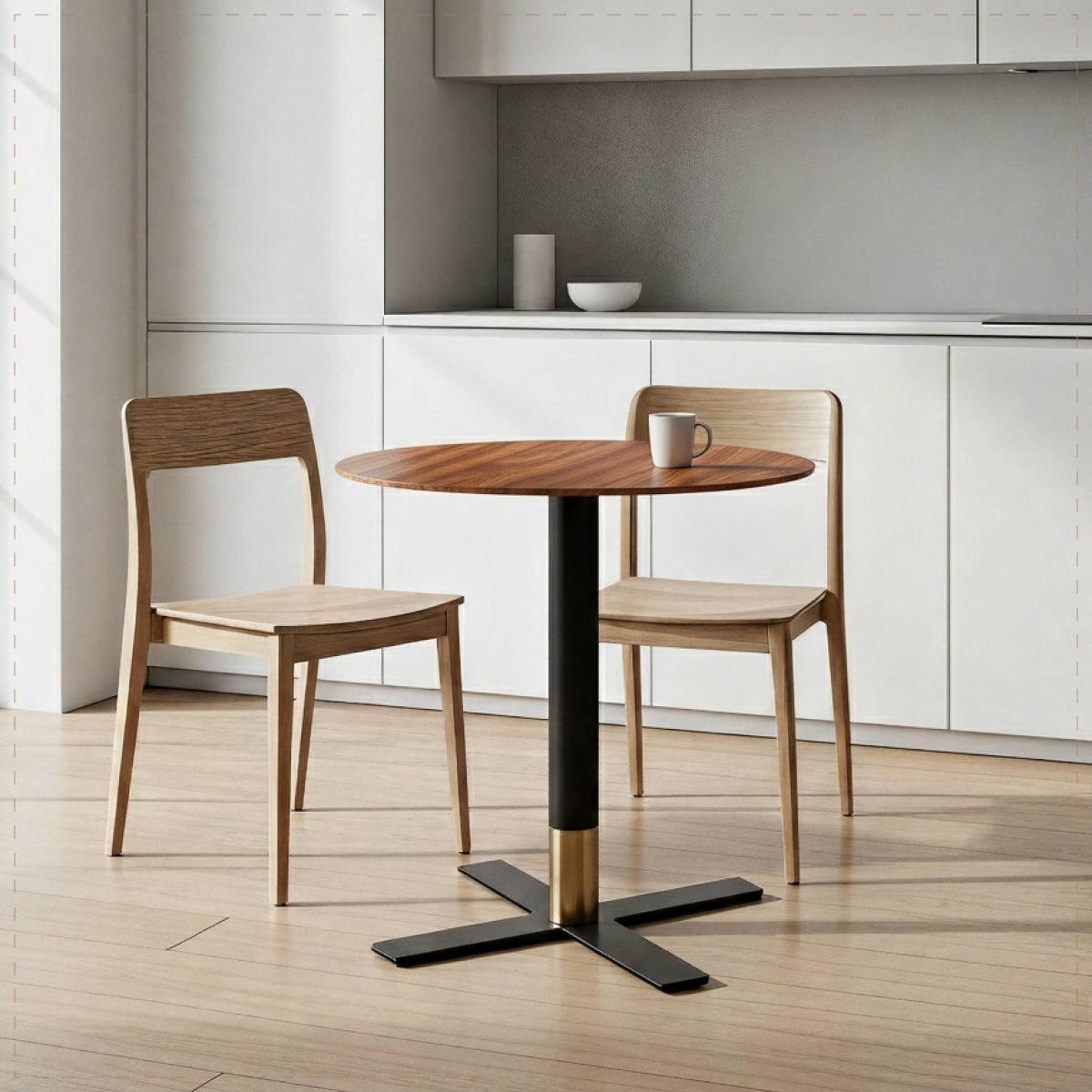 Vail Collection Dining Table Black/Gold X Base With Round MDF Wood/Sintered Stone Top Cognac Brown Wood Dining Table Leisuremod