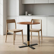 Vail Collection Dining Table Black/Gold X Base With Round MDF Wood/Sintered Stone Top Cognac Brown Wood Dining Table Leisuremod