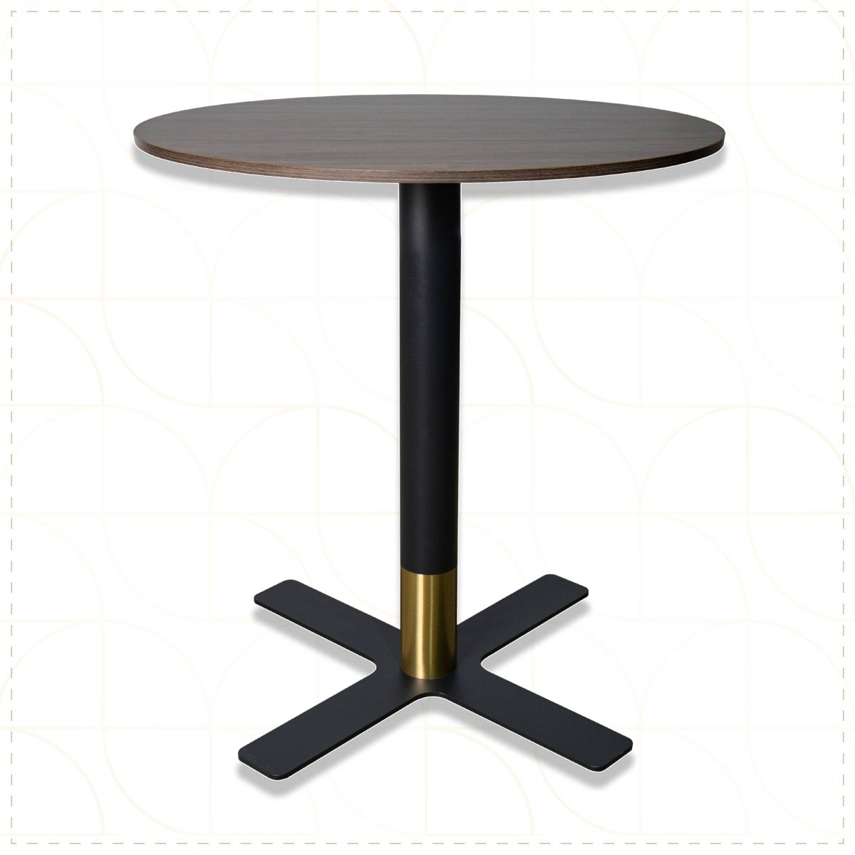Vail Collection Dining Table Black/Gold X Base With Round MDF Wood/Sintered Stone Top Dark Brown Wood Dining Table Leisuremod