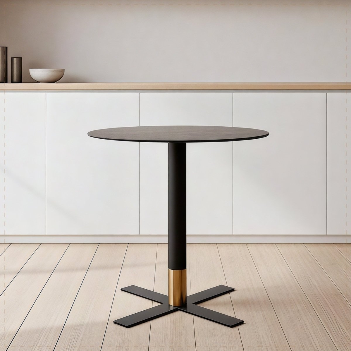 Vail Collection Dining Table Black/Gold X Base With Round MDF Wood/Sintered Stone Top Dark Brown Wood Dining Table Leisuremod