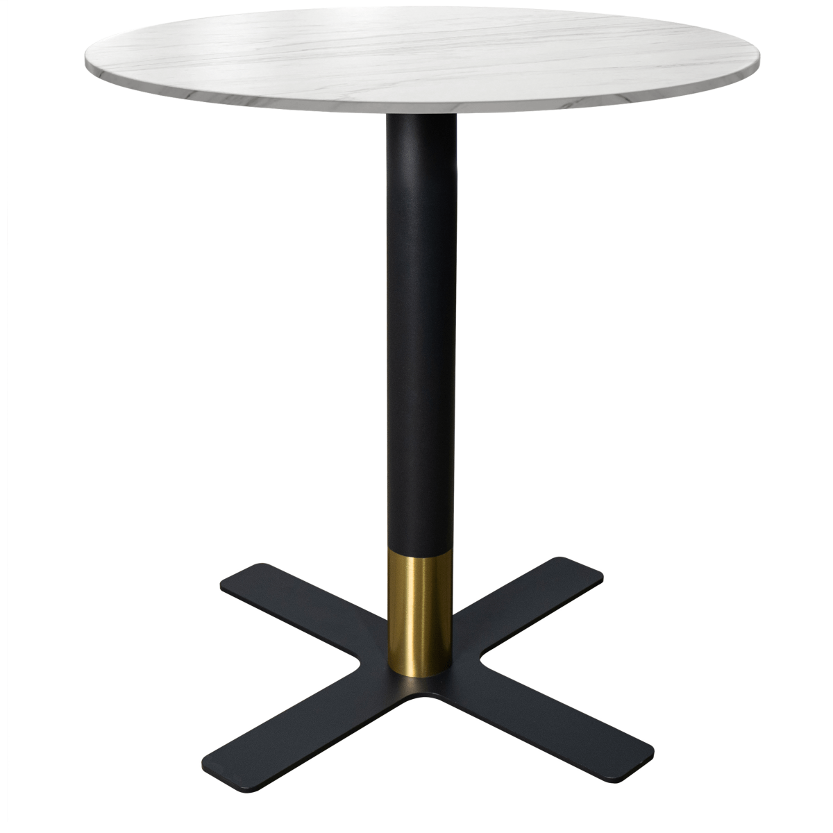 Vail Collection Dining Table Black/Gold X Base With Round MDF Wood/Sintered Stone Top 27 Inches White Stone Dining Table Leisuremod