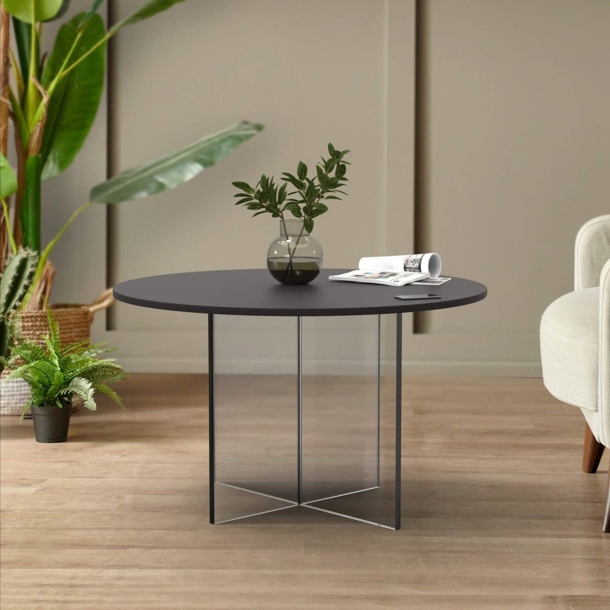 Valore Coffee Table with Round MDF Tabletop and Sturdy Acrylic Cross Base Black Coffee Table Leisuremod