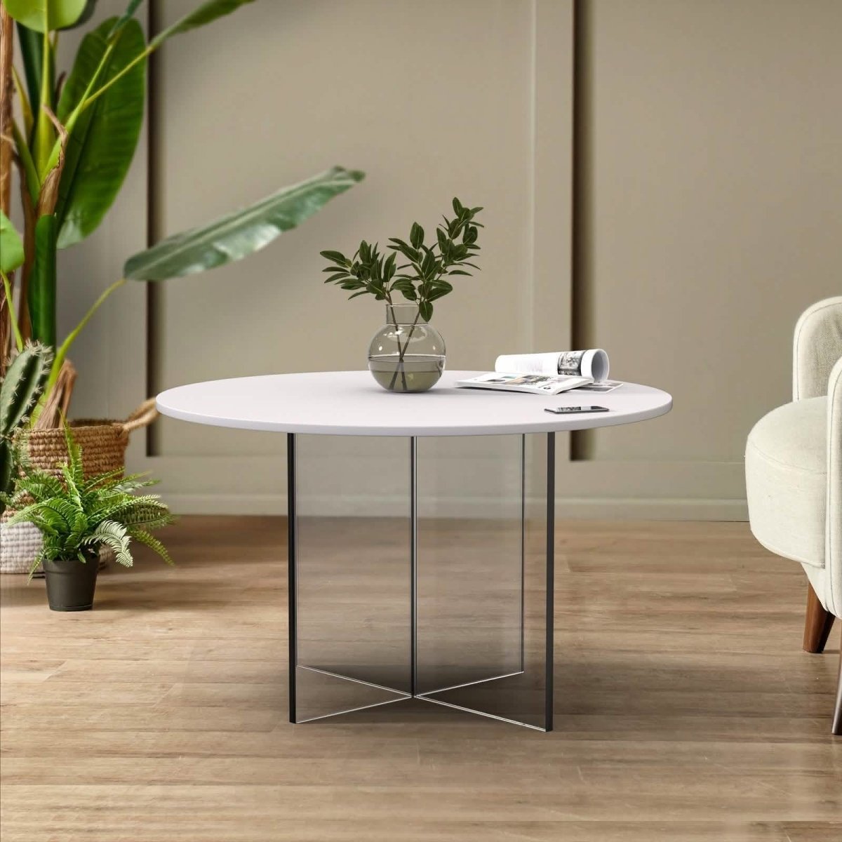 Valore Coffee Table with Round MDF Tabletop and Sturdy Acrylic Cross Base White Coffee Table Leisuremod