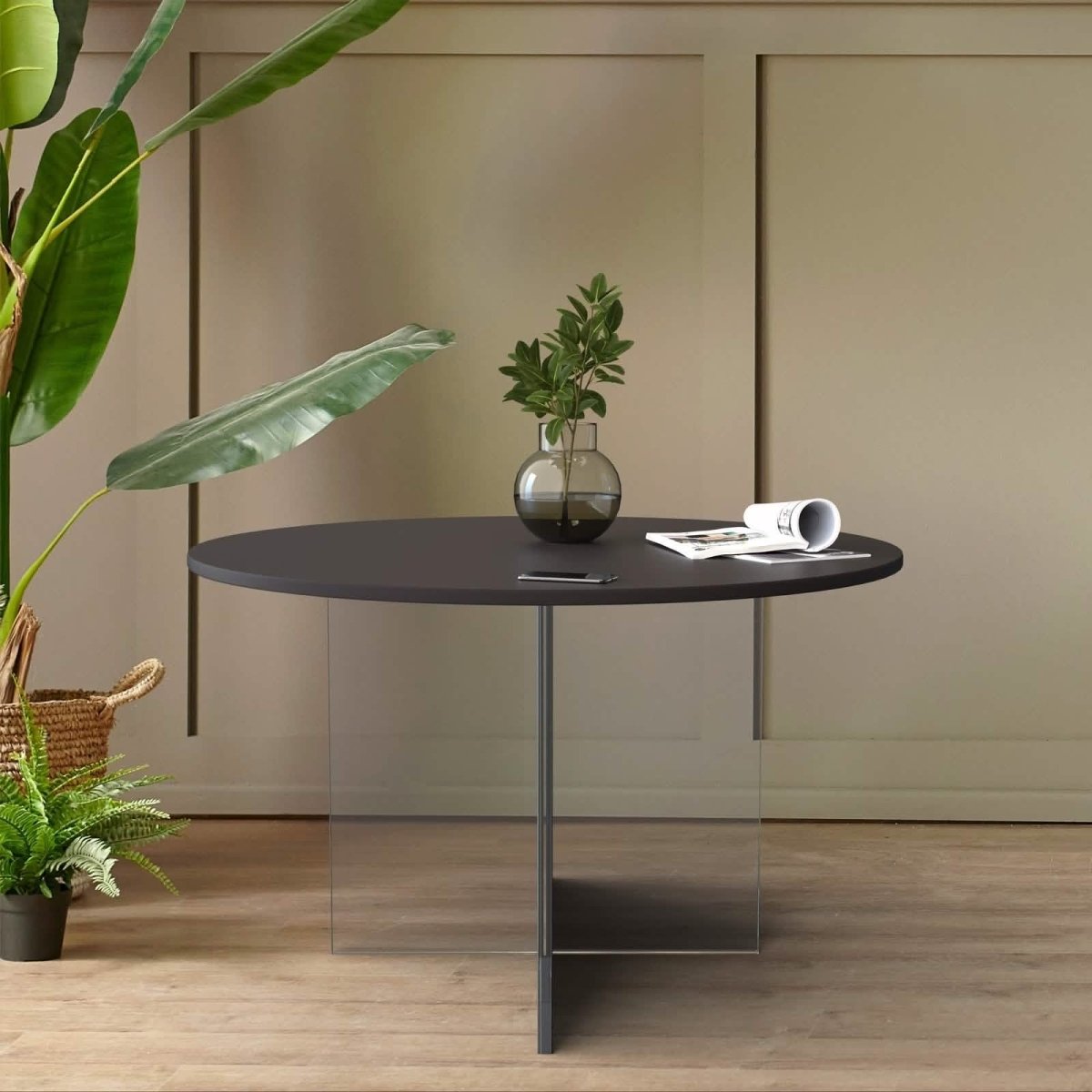 Valore Coffee Table with Round MDF Tabletop and Sturdy Acrylic Cross Base Black Coffee Table Leisuremod