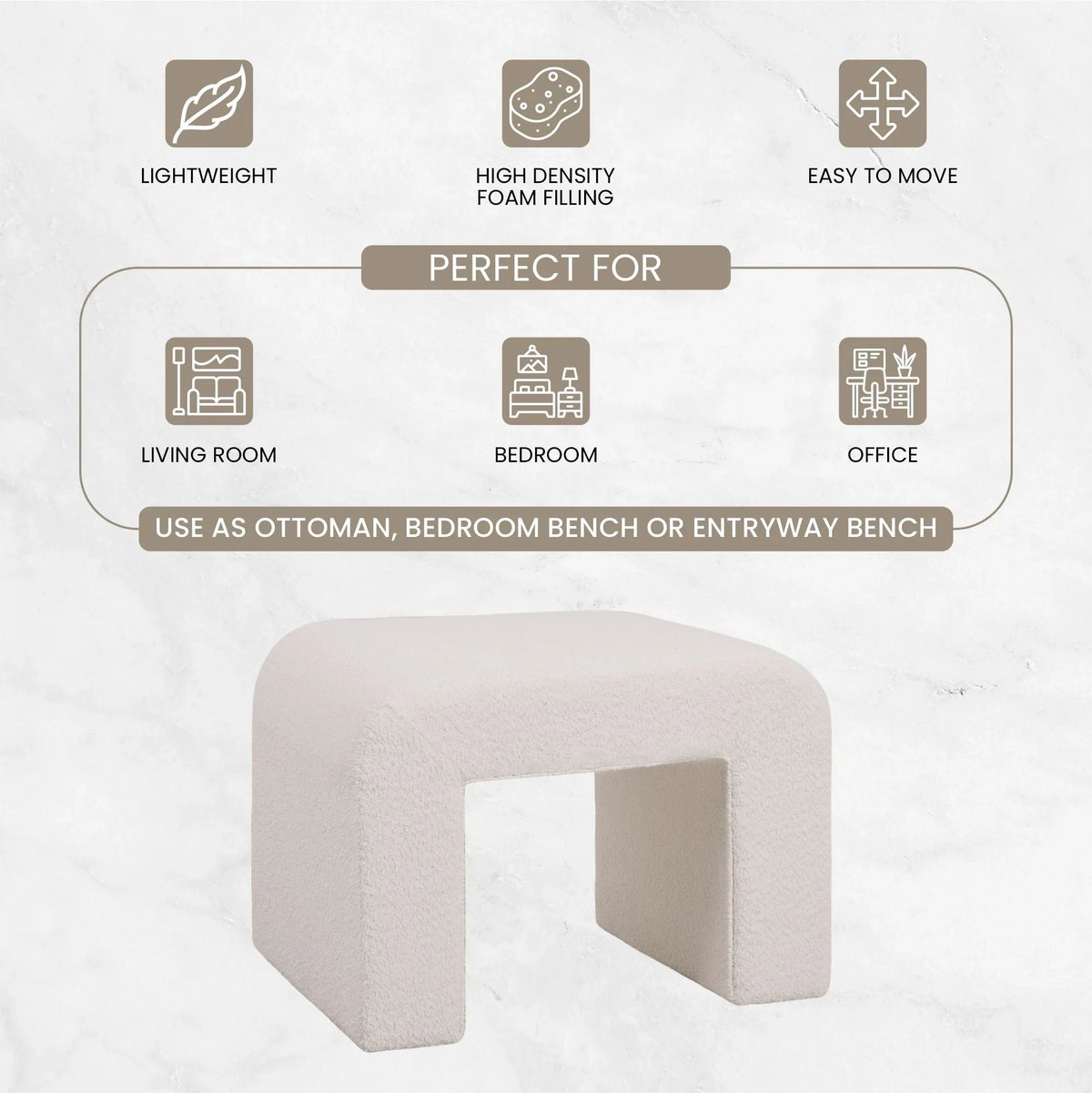 Vint Modern Bench Upholstered in Velvet Boucle With Padded Foam Seat - Elax Furniture