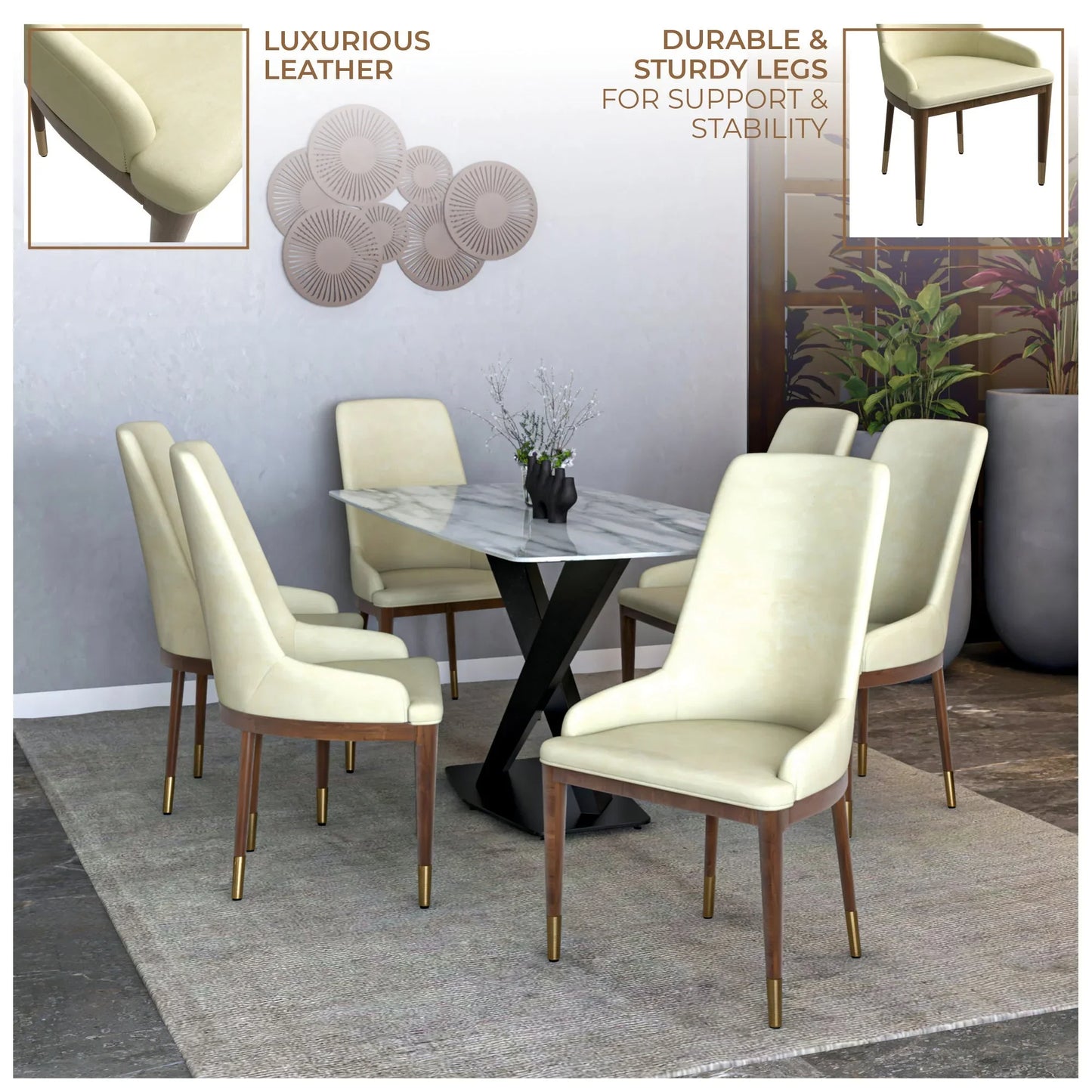 Viva Dining Side Chair Upholstered in Leather with Brown Rubberwood Legs - Elax Furniture