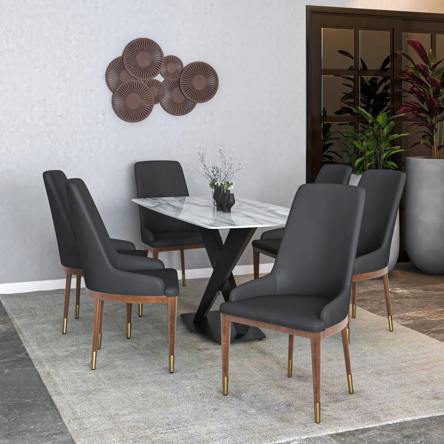 Viva Dining Side Chair Upholstered in Leather with Brown Rubberwood Legs - Elax Furniture