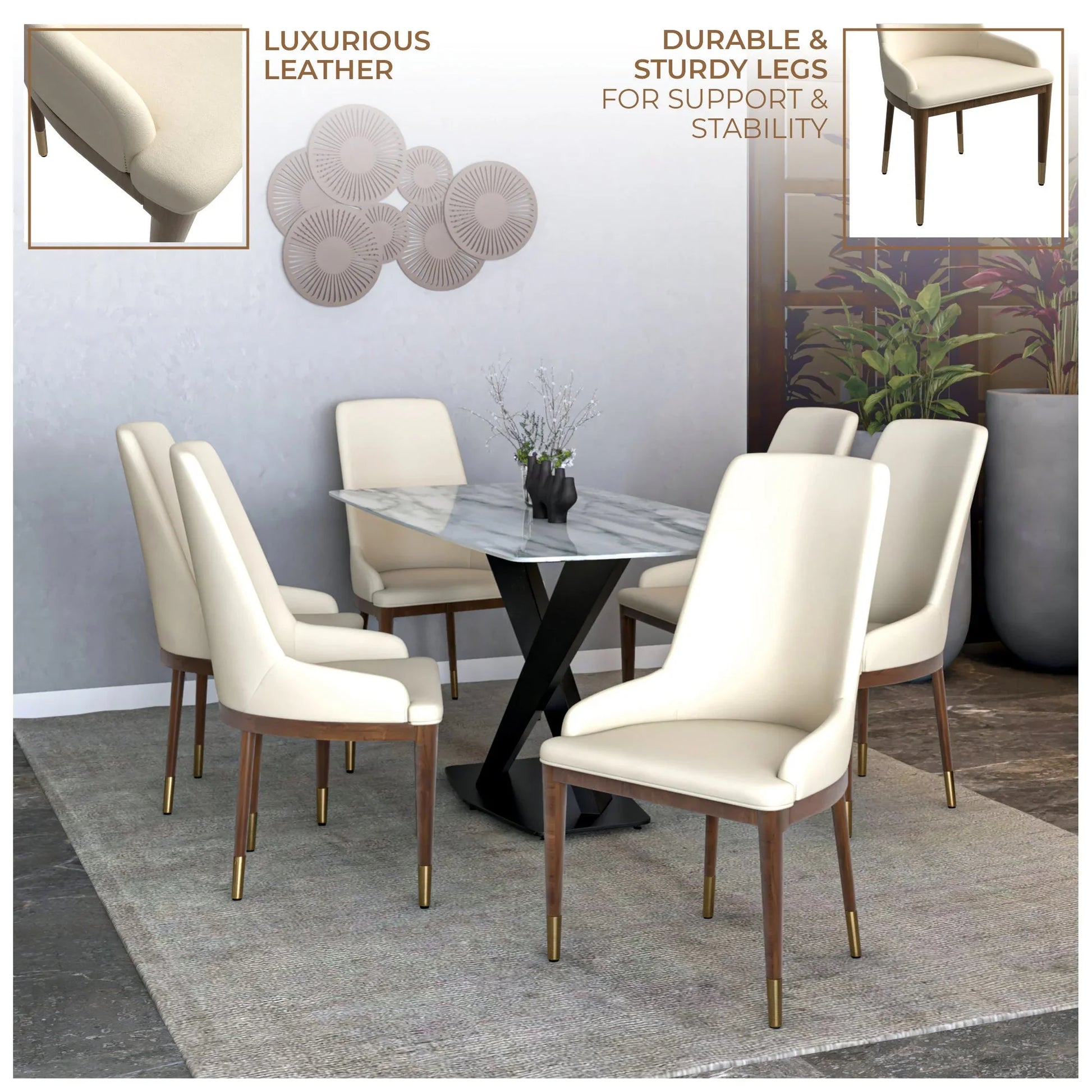 Viva Dining Side Chair Upholstered in Leather with Brown Rubberwood Legs - Elax Furniture