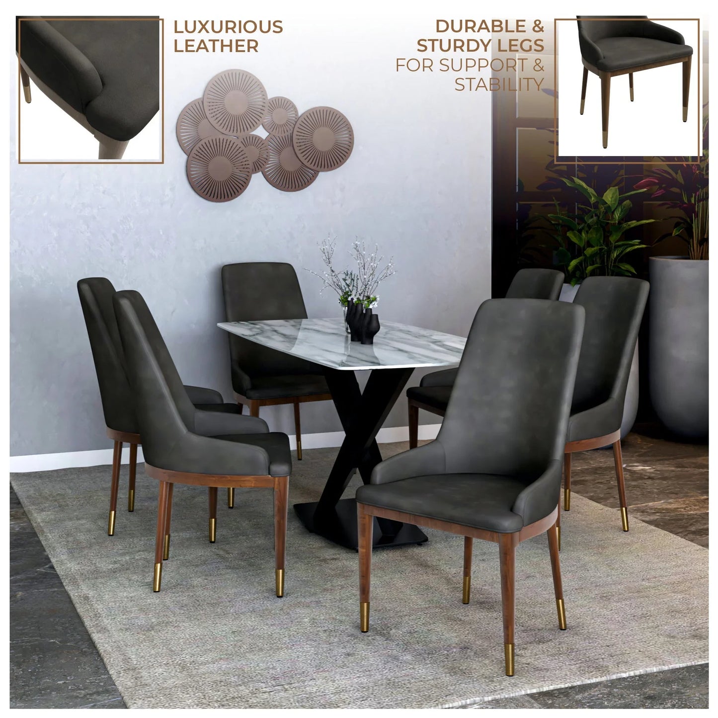 Viva Dining Side Chair Upholstered in Leather with Brown Rubberwood Legs - Elax Furniture