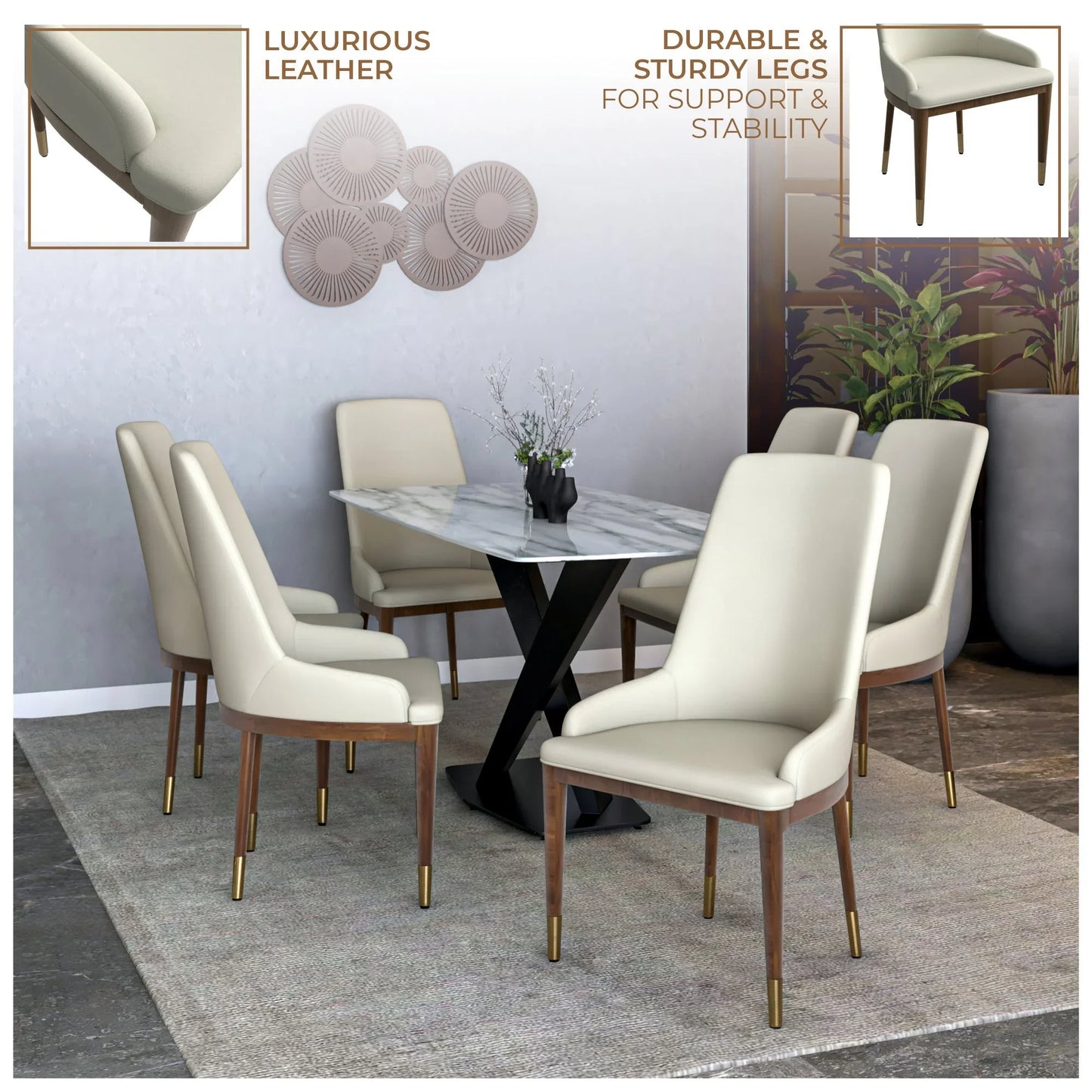 Viva Dining Side Chair Upholstered in Leather with Brown Rubberwood Legs - Elax Furniture