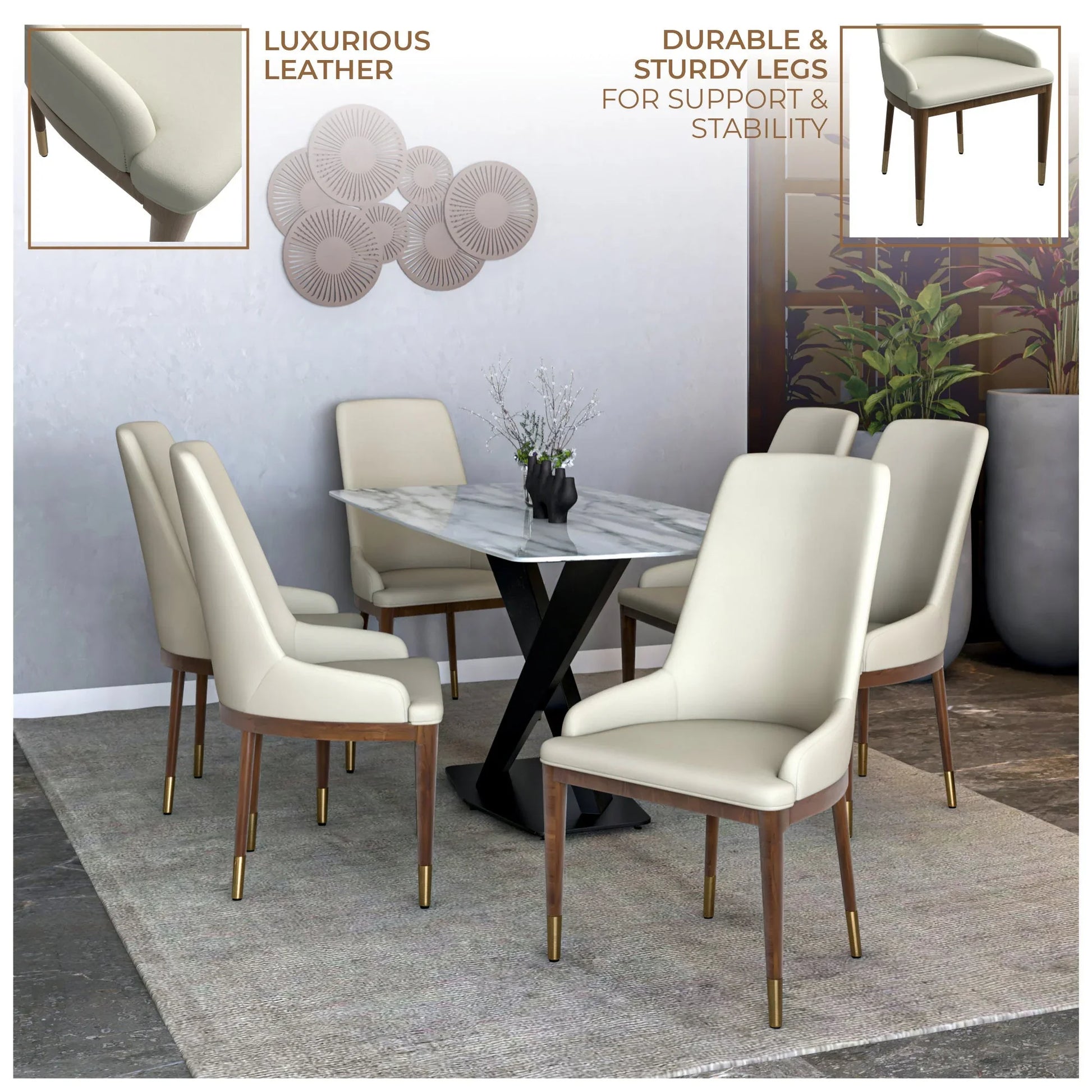 Viva Dining Side Chair Upholstered in Leather with Brown Rubberwood Legs - Elax Furniture