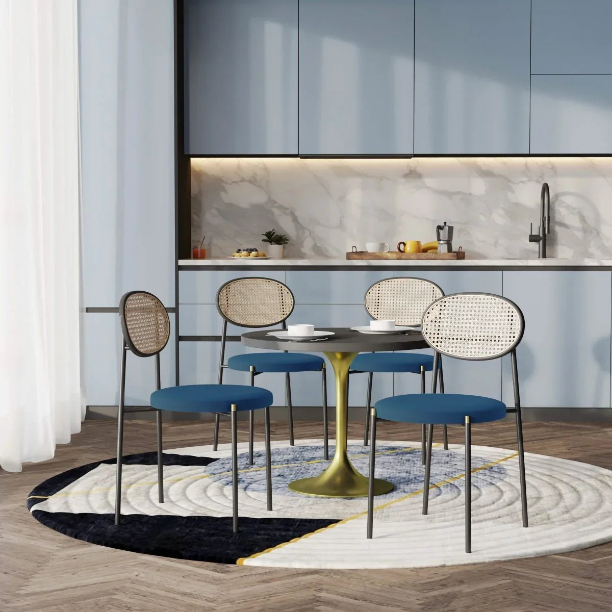 Verve 5-Piece Dining Set with 36" Round Dining Table Black MDF Top and Gold Base with 4 Velvet Dining Chairs in Black Steel Legs - Elax Furniture