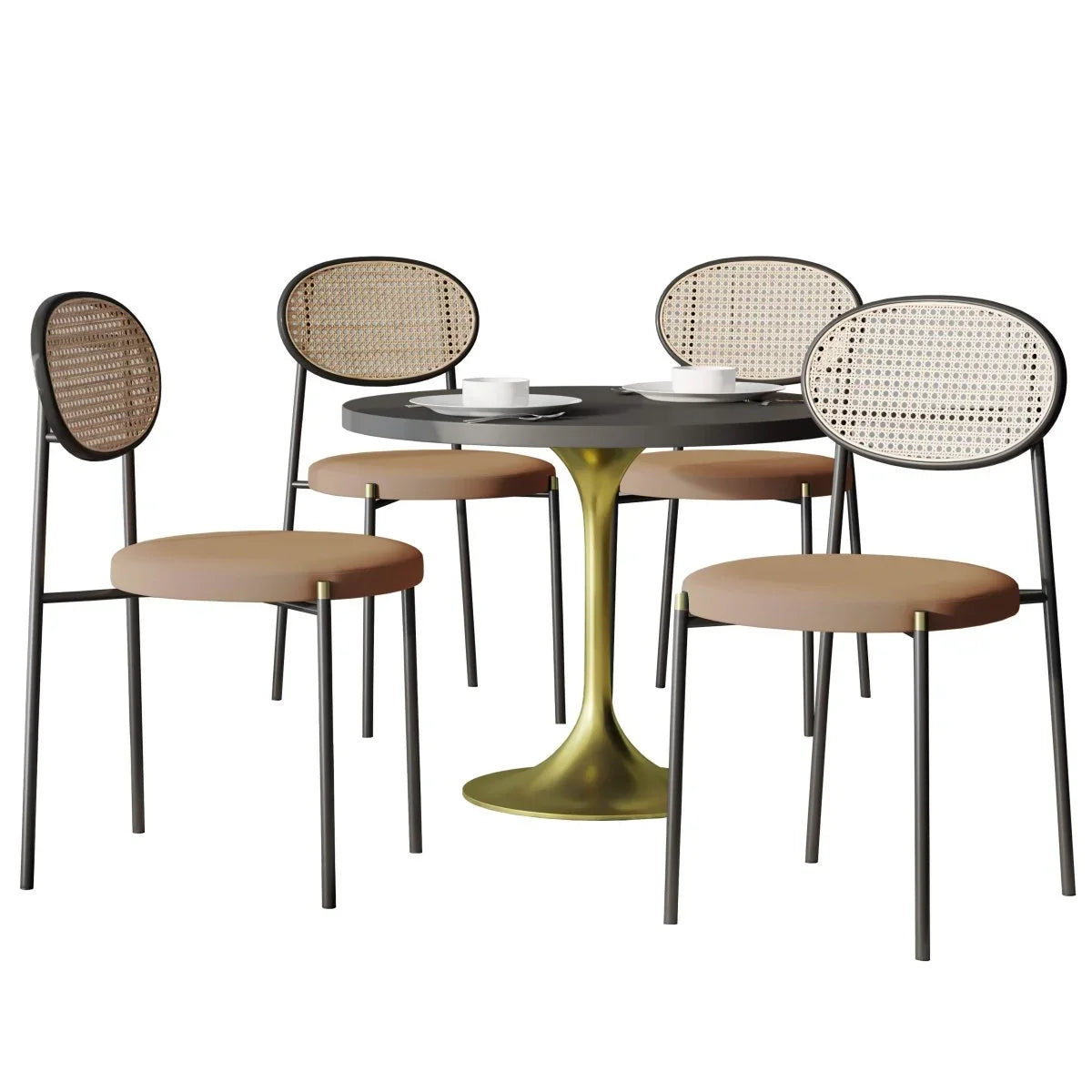 Verve 5-Piece Dining Set with 36" Round Dining Table Black MDF Top and Gold Base with 4 Velvet Dining Chairs in Black Steel Legs - Elax Furniture