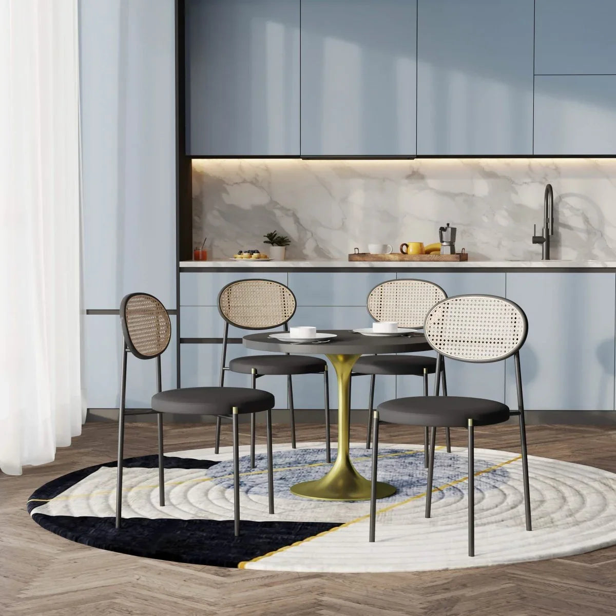 Verve 5-Piece Dining Set with 36" Round Dining Table Black MDF Top and Gold Base with 4 Velvet Dining Chairs in Black Steel Legs - Elax Furniture