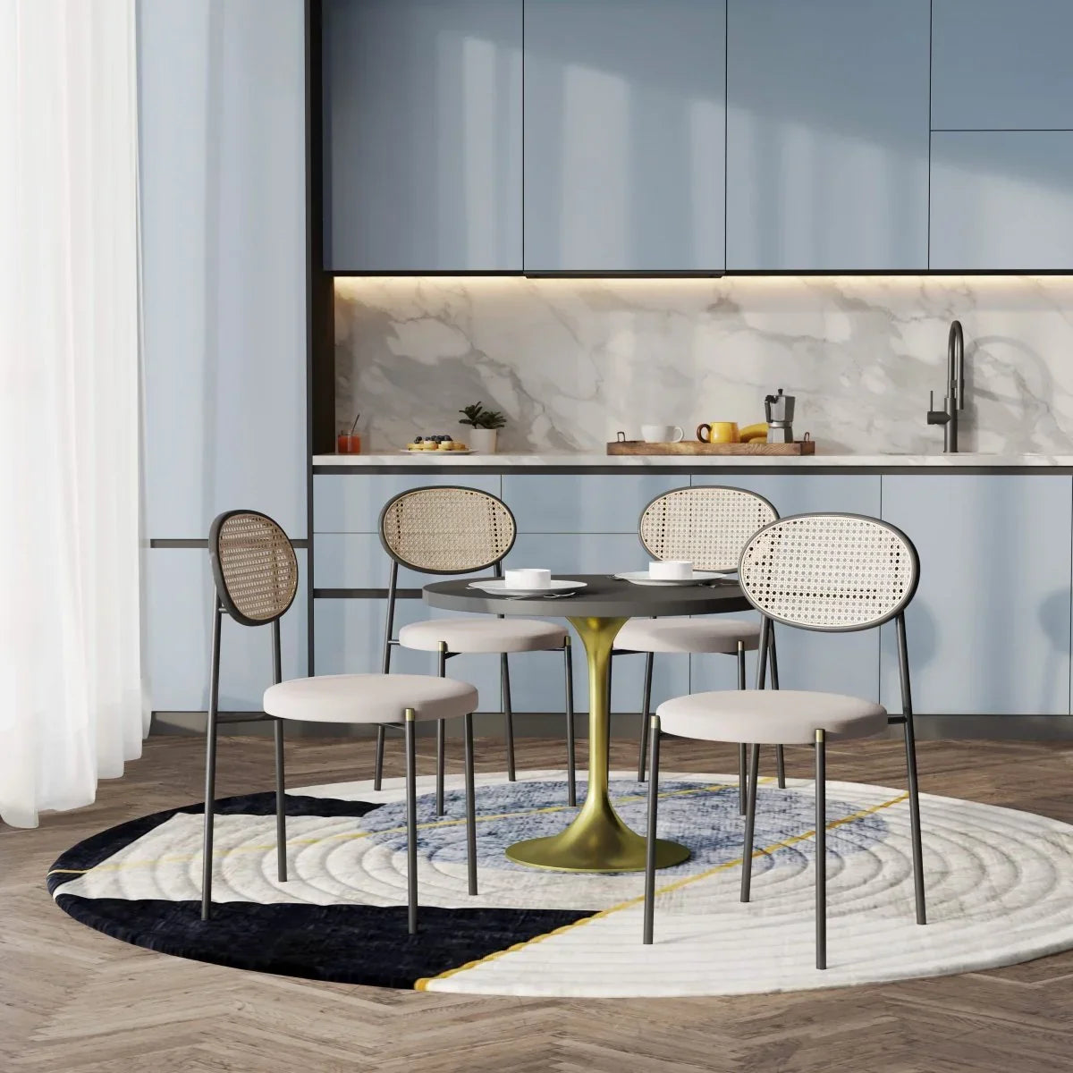 Verve 5-Piece Dining Set with 36" Round Dining Table Black MDF Top and Gold Base with 4 Velvet Dining Chairs in Black Steel Legs - Elax Furniture