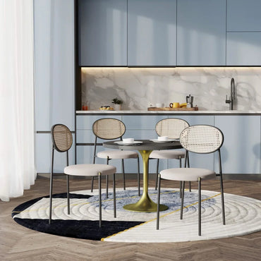 Verve 5-Piece Dining Set with 36" Round Dining Table Black MDF Top and Gold Base with 4 Velvet Dining Chairs in Black Steel Legs - Elax Furniture