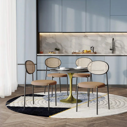 Verve 5-Piece Dining Set with 36" Round Dining Table Black MDF Top and Gold Base with 4 Velvet Dining Chairs in Black Steel Legs - Elax Furniture