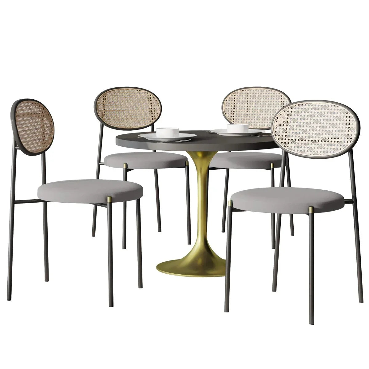 Verve 5-Piece Dining Set with 36" Round Dining Table Black MDF Top and Gold Base with 4 Velvet Dining Chairs in Black Steel Legs - Elax Furniture