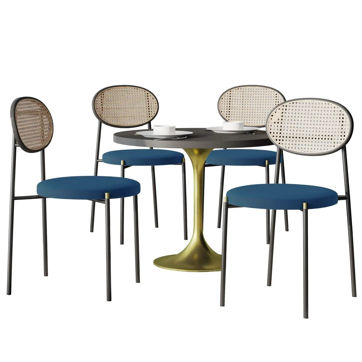 Verve 5-Piece Dining Set with 36" Round Dining Table Black MDF Top and Gold Base with 4 Velvet Dining Chairs in Black Steel Legs - Elax Furniture