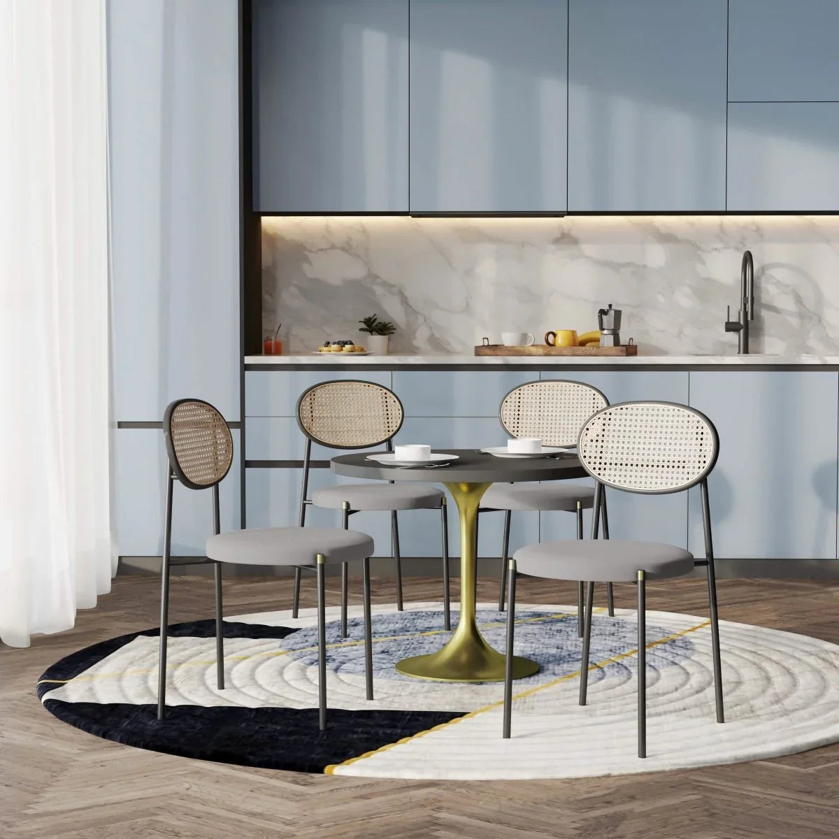 Verve 5-Piece Dining Set with 36" Round Dining Table Black MDF Top and Gold Base with 4 Velvet Dining Chairs in Black Steel Legs - Elax Furniture