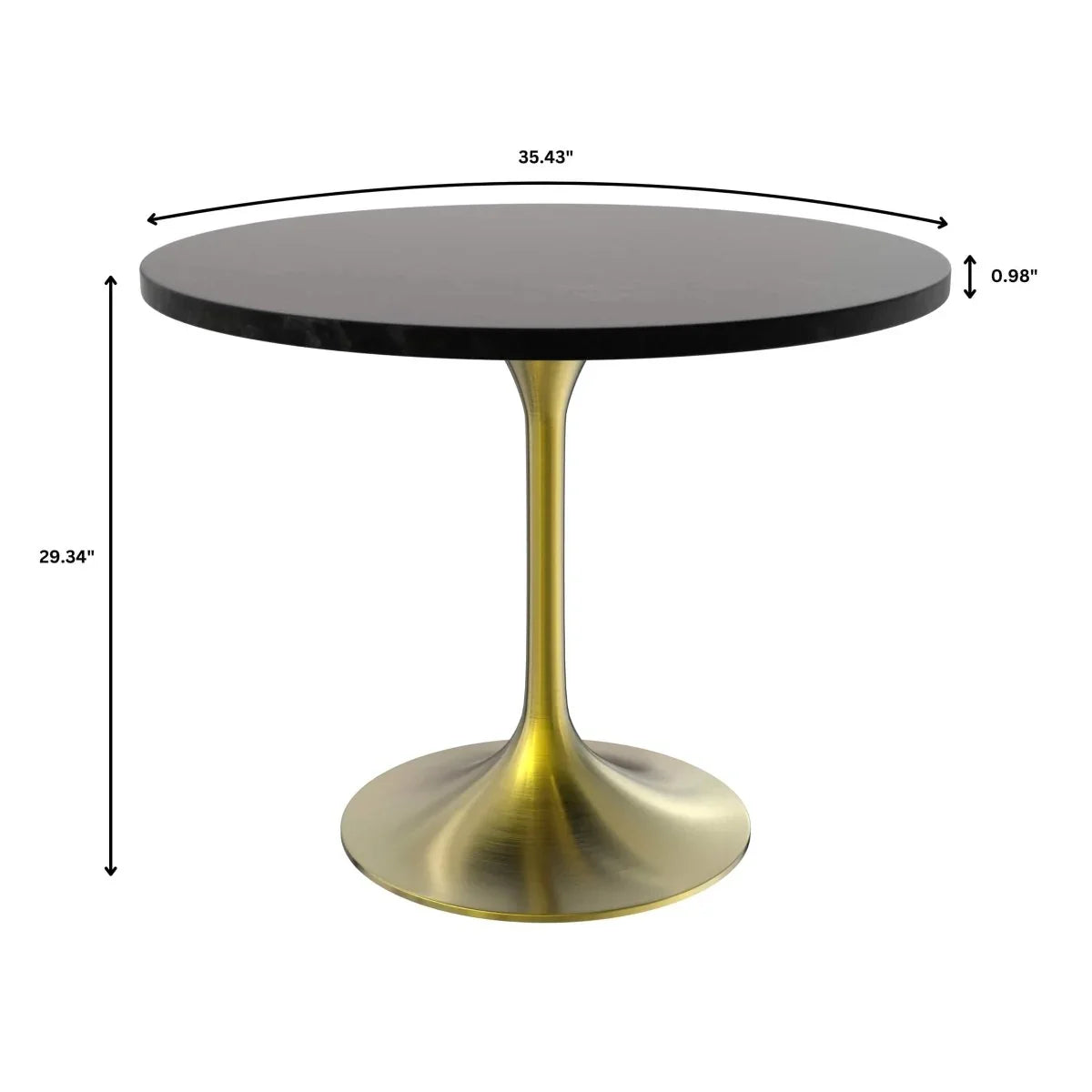 Verve 5-Piece Dining Set with 36" Round Dining Table Black MDF Top and Gold Base with 4 Velvet Dining Chairs in White Steel Legs - Elax Furniture
