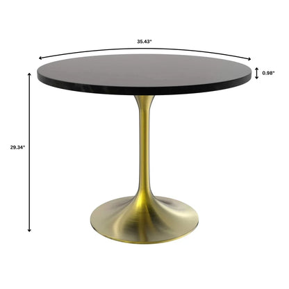 Verve 5-Piece Dining Set with 36" Round Dining Table Black MDF Top and Gold Base with 4 Velvet Dining Chairs in White Steel Legs - Elax Furniture