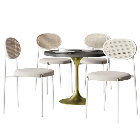 Verve 5-Piece Dining Set with 36" Round Dining Table Black MDF Top and Gold Base with 4 Velvet Dining Chairs in White Steel Legs - Elax Furniture
