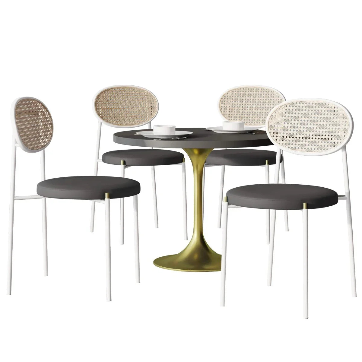 Verve 5-Piece Dining Set with 36" Round Dining Table Black MDF Top and Gold Base with 4 Velvet Dining Chairs in White Steel Legs - Elax Furniture