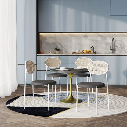 Verve 5-Piece Dining Set with 36" Round Dining Table Black MDF Top and Gold Base with 4 Velvet Dining Chairs in White Steel Legs - Elax Furniture