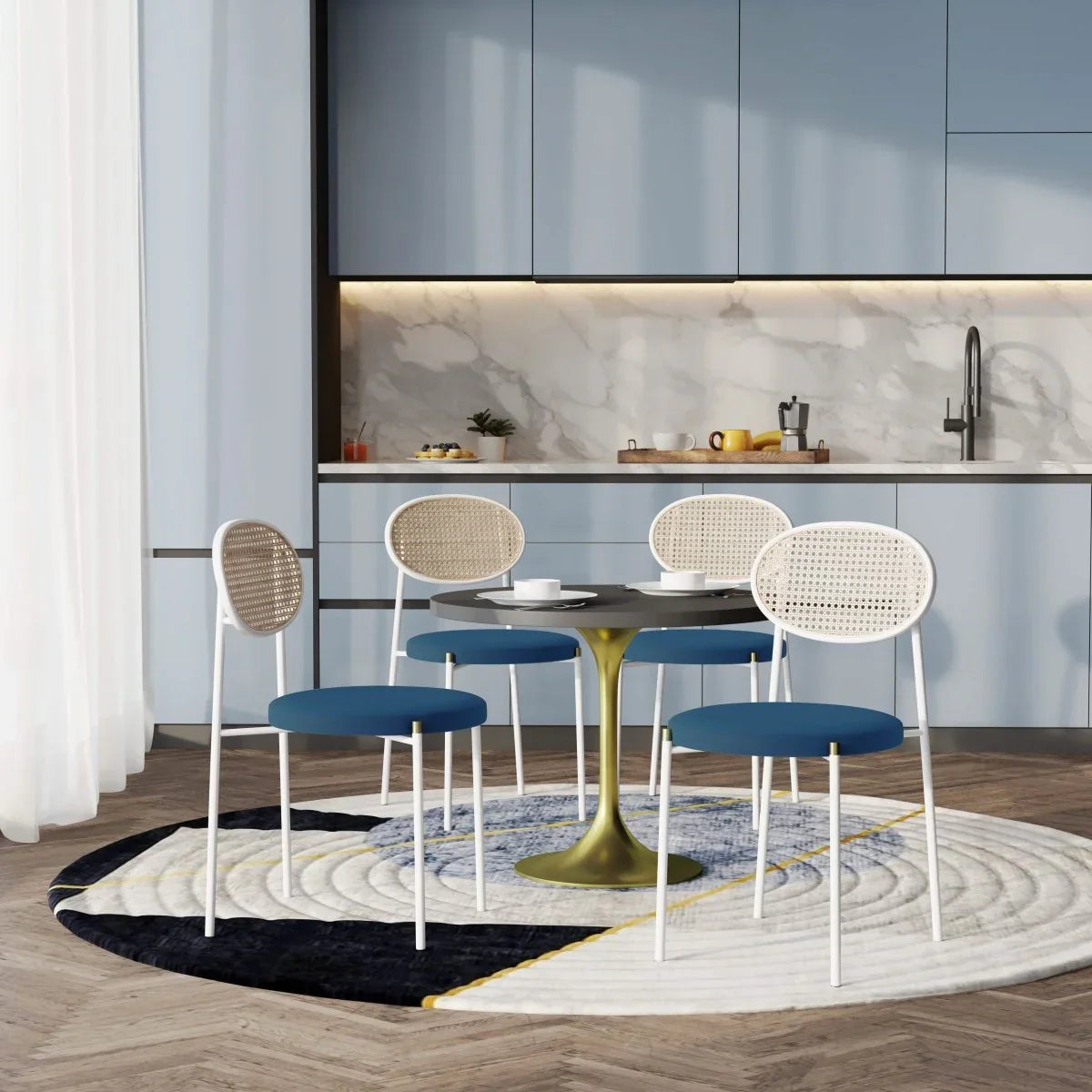 Verve 5-Piece Dining Set with 36" Round Dining Table Black MDF Top and Gold Base with 4 Velvet Dining Chairs in White Steel Legs - Elax Furniture