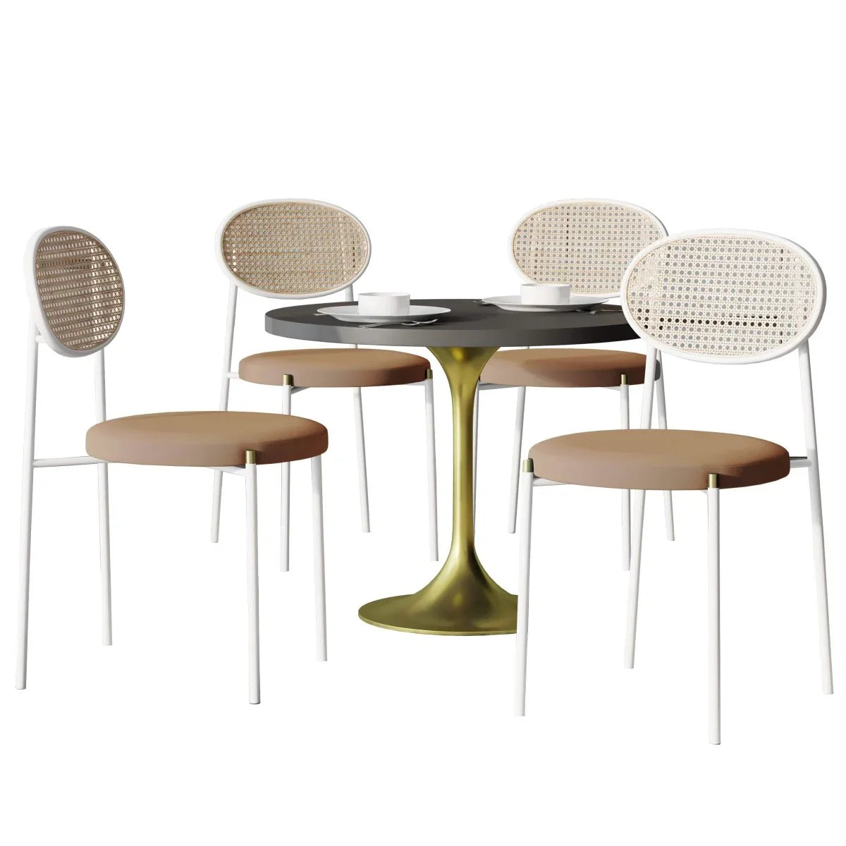 Verve 5-Piece Dining Set with 36" Round Dining Table Black MDF Top and Gold Base with 4 Velvet Dining Chairs in White Steel Legs - Elax Furniture