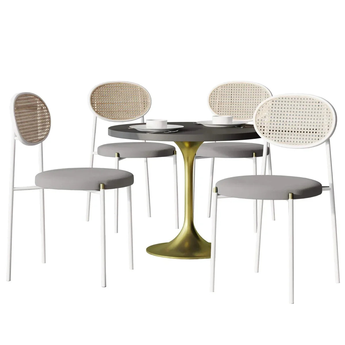 Verve 5-Piece Dining Set with 36" Round Dining Table Black MDF Top and Gold Base with 4 Velvet Dining Chairs in White Steel Legs - Elax Furniture