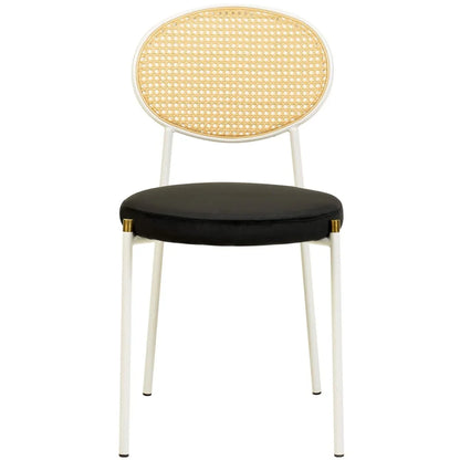 Verve 5-Piece Dining Set with 36" Round Dining Table Black MDF Top and Gold Base with 4 Velvet Dining Chairs in White Steel Legs - Elax Furniture