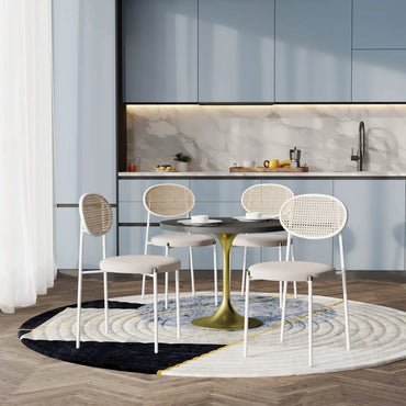 Verve 5-Piece Dining Set with 36" Round Dining Table Black MDF Top and Gold Base with 4 Velvet Dining Chairs in White Steel Legs - Elax Furniture