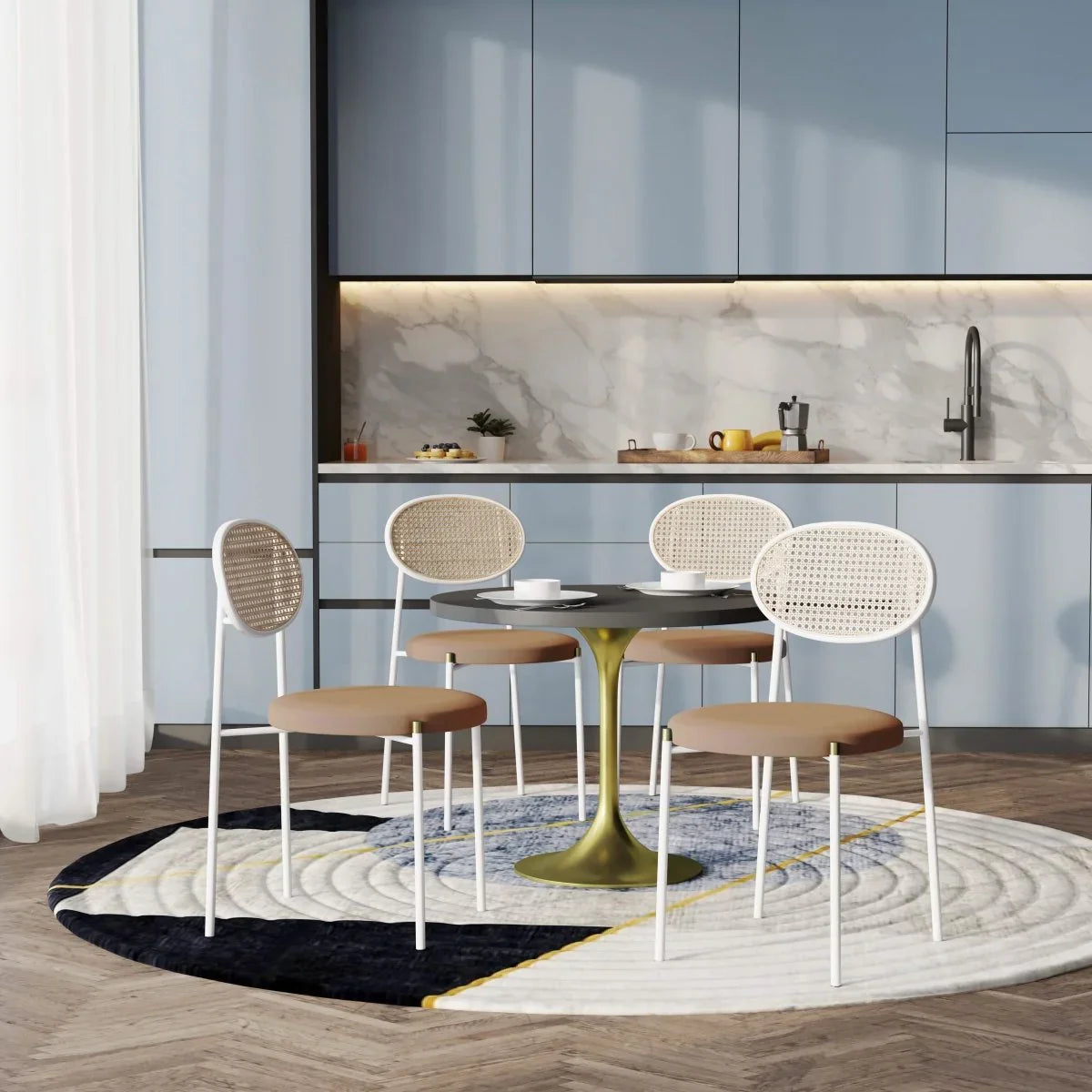 Verve 5-Piece Dining Set with 36" Round Dining Table Black MDF Top and Gold Base with 4 Velvet Dining Chairs in White Steel Legs - Elax Furniture