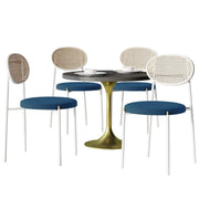 Verve 5-Piece Dining Set with 36" Round Dining Table Black MDF Top and Gold Base with 4 Velvet Dining Chairs in White Steel Legs - Elax Furniture