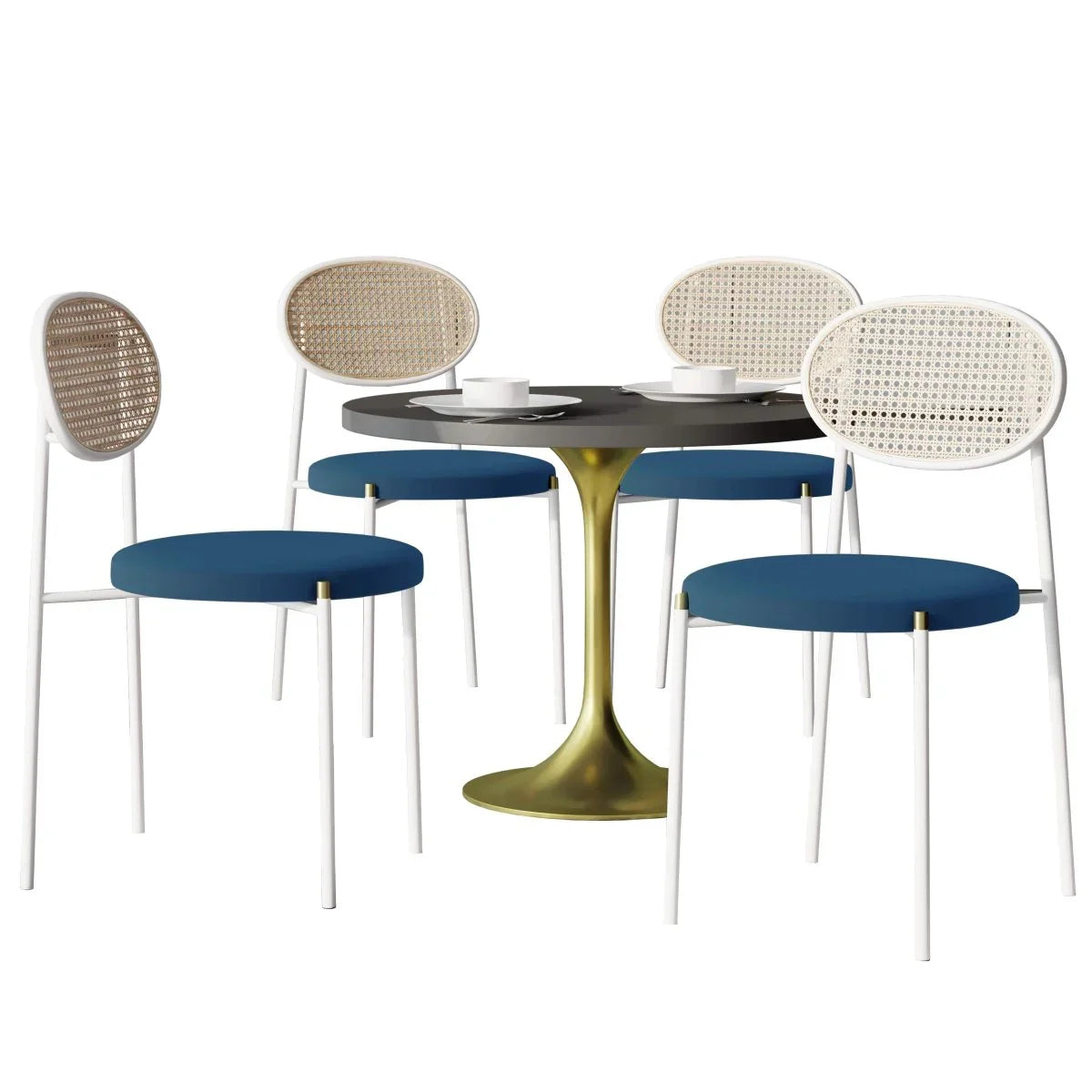 Verve 5-Piece Dining Set with 36" Round Dining Table Black MDF Top and Gold Base with 4 Velvet Dining Chairs in White Steel Legs - Elax Furniture