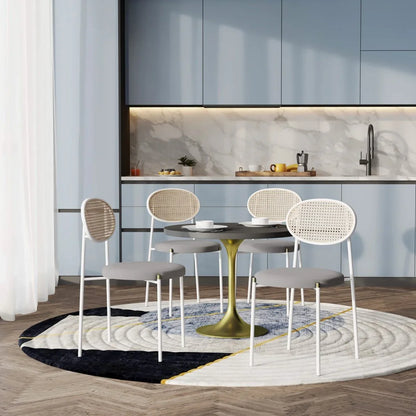 Verve 5-Piece Dining Set with 36" Round Dining Table Black MDF Top and Gold Base with 4 Velvet Dining Chairs in White Steel Legs - Elax Furniture
