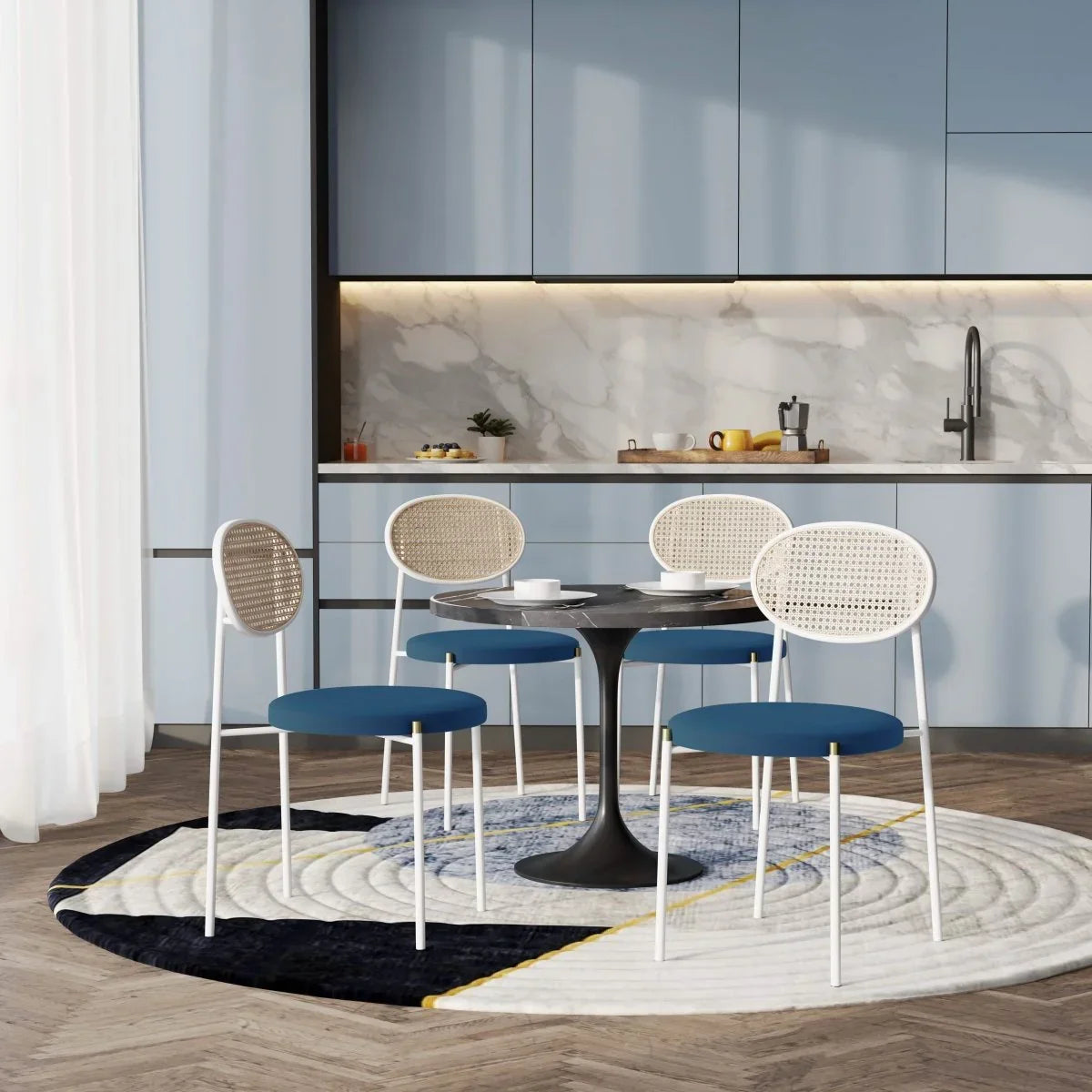 Verve 5-Piece Dining Set with 36" Round Dining Table Black Sintered Stone Top and Black Pedestal with 4 Velvet Dining Chairs in White Steel Legs - Elax Furniture