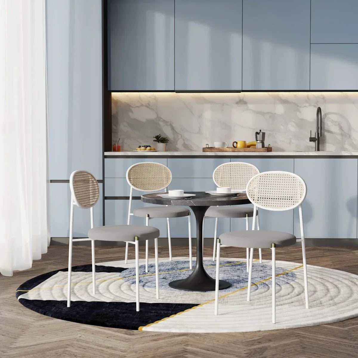 Verve 5-Piece Dining Set with 36" Round Dining Table Black Sintered Stone Top and Black Pedestal with 4 Velvet Dining Chairs in White Steel Legs - Elax Furniture