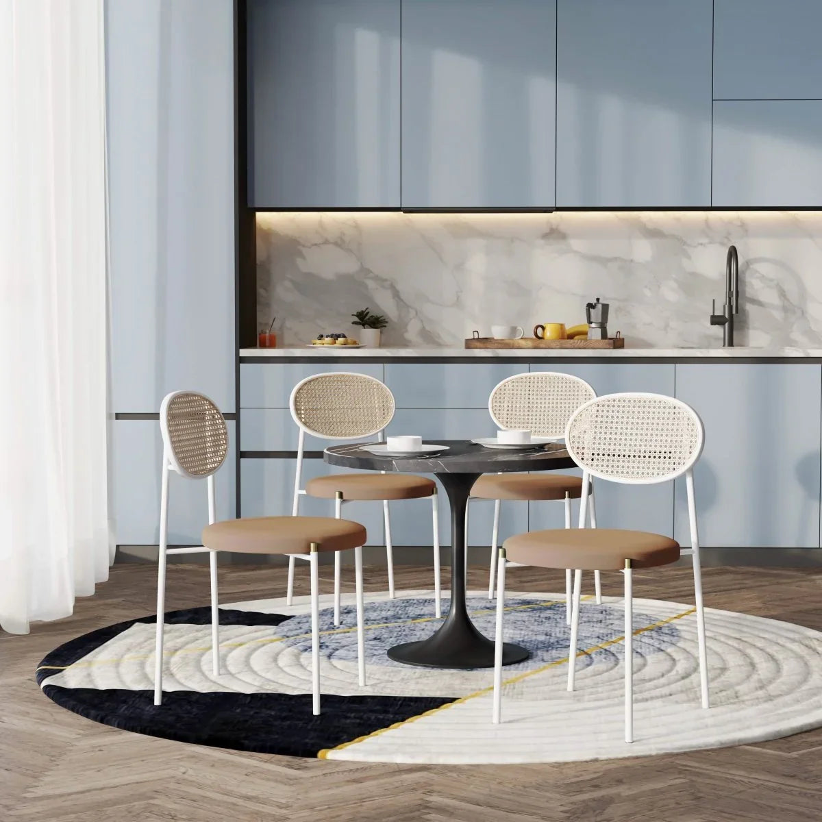 Verve 5-Piece Dining Set with 36" Round Dining Table Black Sintered Stone Top and Black Pedestal with 4 Velvet Dining Chairs in White Steel Legs - Elax Furniture