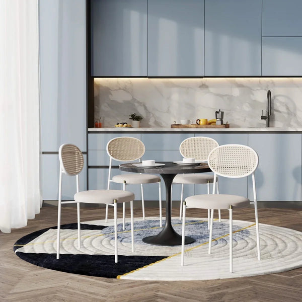 Verve 5-Piece Dining Set with 36" Round Dining Table Black Sintered Stone Top and Black Pedestal with 4 Velvet Dining Chairs in White Steel Legs