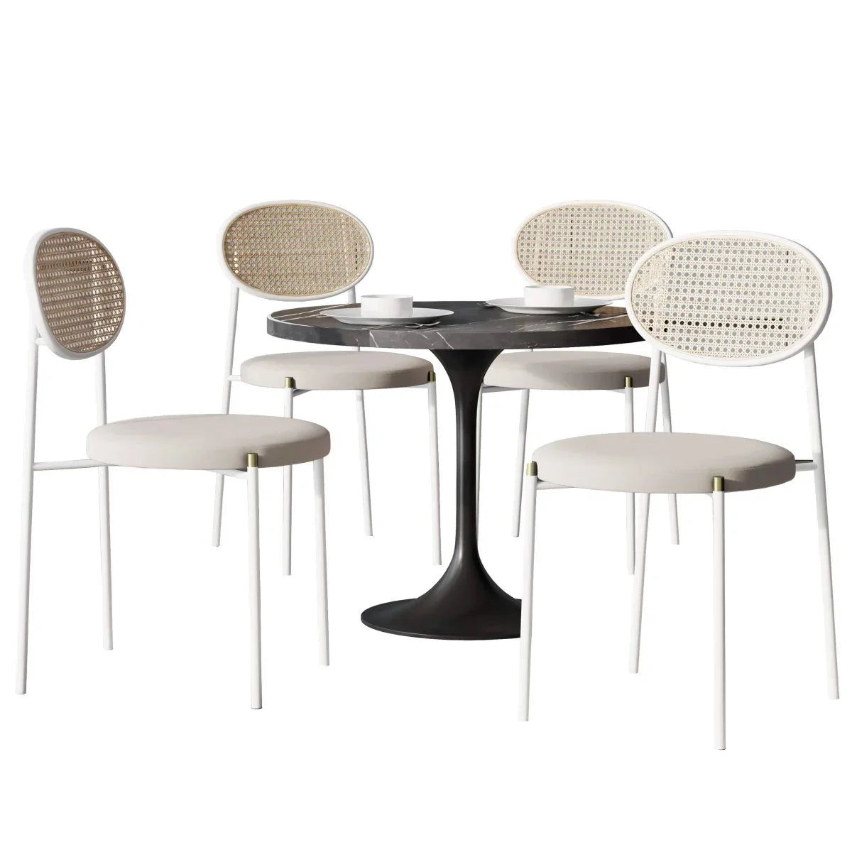 Verve 5-Piece Dining Set with 36" Round Dining Table Black Sintered Stone Top and Black Pedestal with 4 Velvet Dining Chairs in White Steel Legs - Elax Furniture