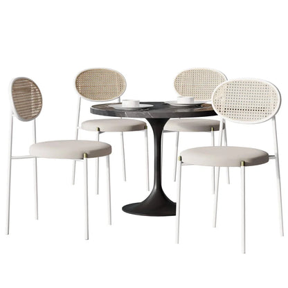 Verve 5-Piece Dining Set with 36" Round Dining Table Black Sintered Stone Top and Black Pedestal with 4 Velvet Dining Chairs in White Steel Legs - Elax Furniture