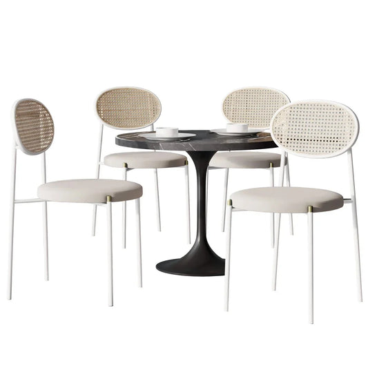 Verve 5-Piece Dining Set with 36" Round Dining Table Black Sintered Stone Top and Black Pedestal with 4 Velvet Dining Chairs in White Steel Legs - Elax Furniture