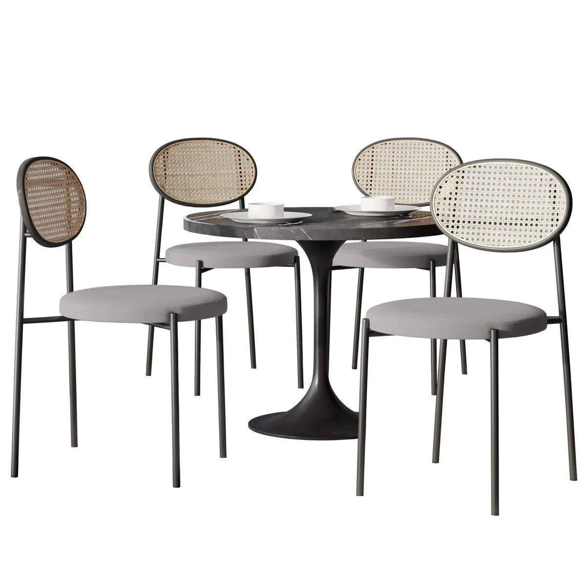 Verve 5-Piece Dining Set with 36" Round Dining Table Black Sintered Stone Top and Black Pedestal with 4 Velvet Dining Chairs in White Steel Legs - Elax Furniture
