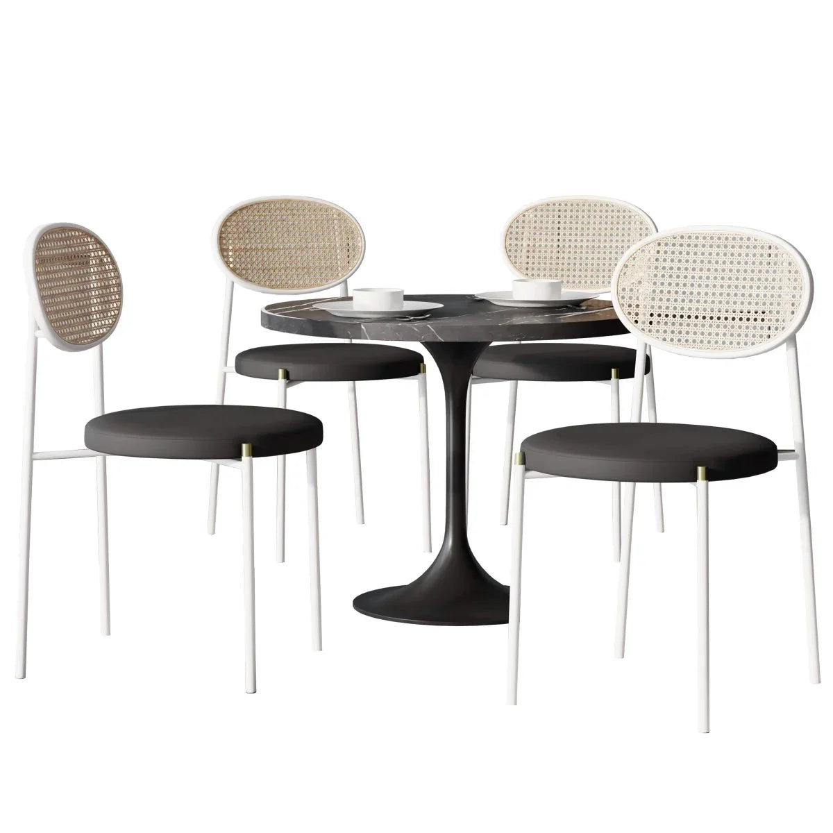 Verve 5-Piece Dining Set with 36" Round Dining Table Black Sintered Stone Top and Black Pedestal with 4 Velvet Dining Chairs in White Steel Legs - Elax Furniture