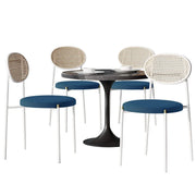 Verve 5-Piece Dining Set with 36" Round Dining Table Black Sintered Stone Top and Black Pedestal with 4 Velvet Dining Chairs in White Steel Legs - Elax Furniture
