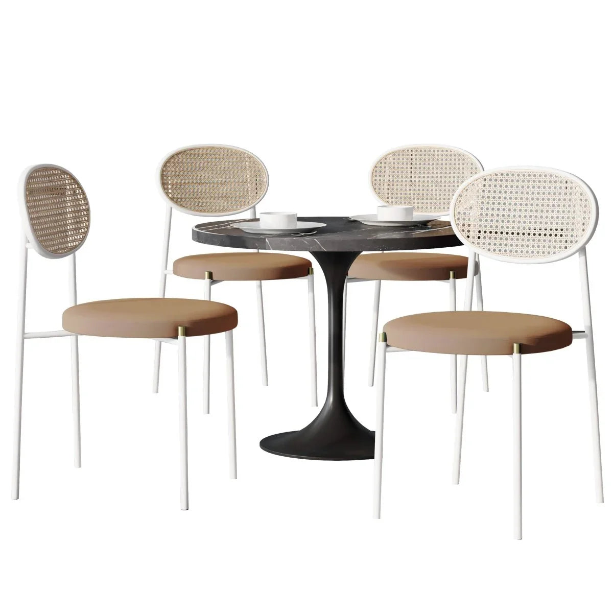 Verve 5-Piece Dining Set with 36" Round Dining Table Black Sintered Stone Top and Black Pedestal with 4 Velvet Dining Chairs in White Steel Legs - Elax Furniture